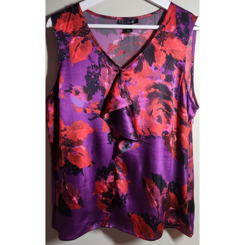 St. John Silk Sleeveless Blouse, Floral Print, Size 14